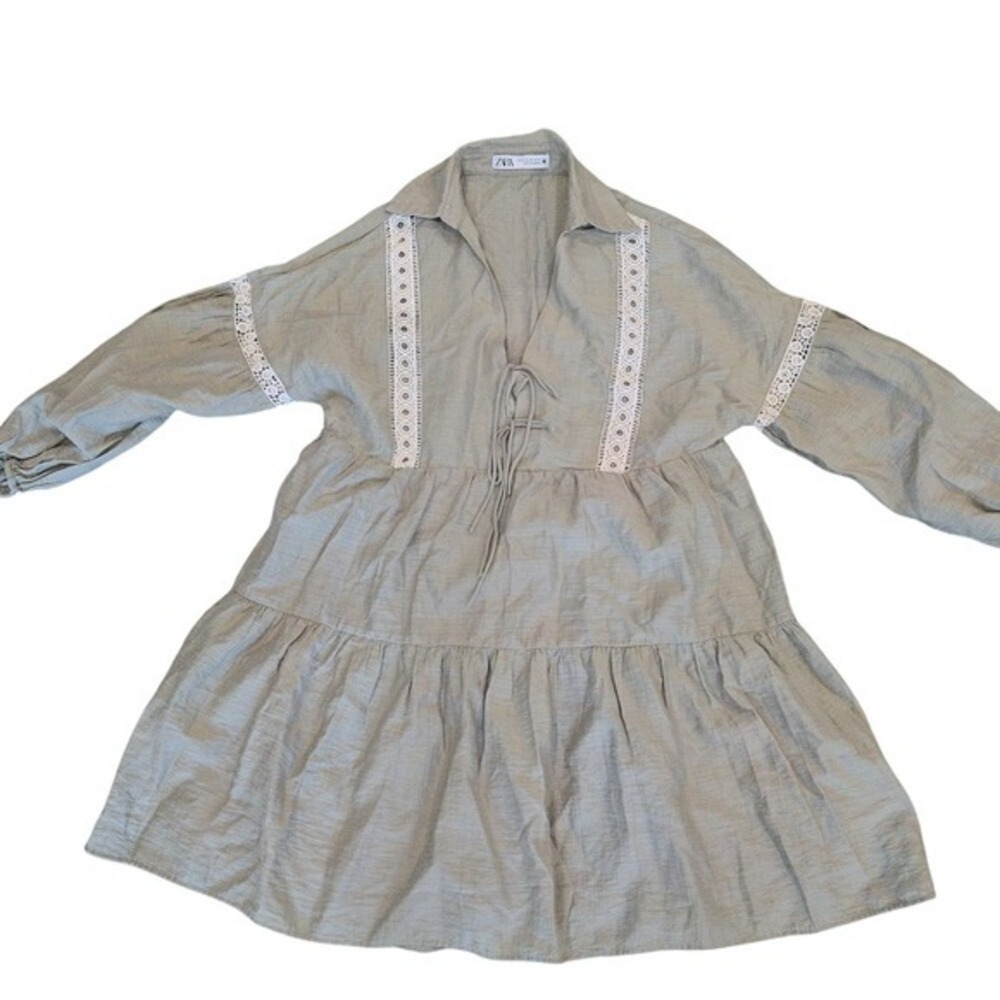 Zara Sage Green Eyelet Lace Tiered Mini Dress Tie Front Boho‎ Babydoll XS